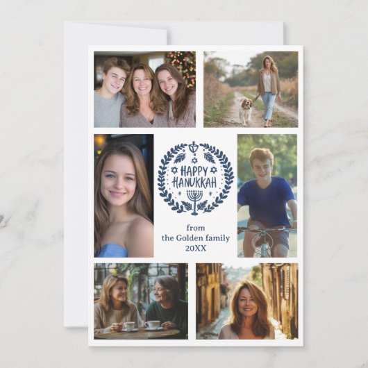 HAPPY HANUKKAH Hand-getrokken CUSTOM 6 FOTO Feestdagenkaart (Voorkant)