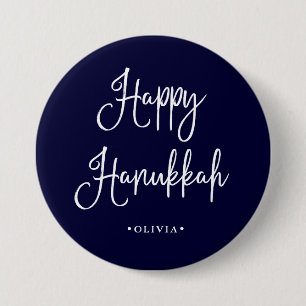 Happy Hanukkah Handgeschreven script op Navy Blu Ronde Button 7,6 Cm