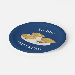 Happy Hanukkah Latkes Cartoon Blue Background Papieren Bordje