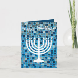 Happy Hanukkah Menorah Blue Mosaic Ornament Kaart