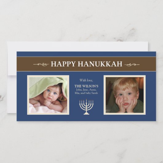 Happy Hanukkah Menorah Holiday PhotoCard (blauw) Feestdagenkaart (Voorkant)