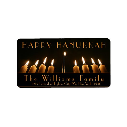 Happy Hanukkah Menorah Light Nine Burning Candles Etiket (Voorkant)
