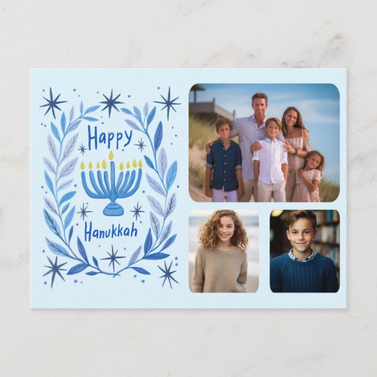 Happy Hanukkah Menorah Waterverf CUSTOM 3 foto's Feestdagenkaart (Voorkant)