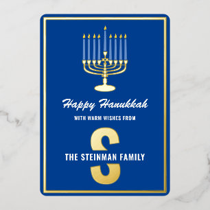 Happy Hanukkah Monogram Familienaam Menorah Candle Folie Feestdagenkaart