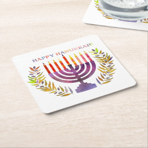 Happy Hanukkah-Onderzetters Vierkante Kartonnen Onderzetter
