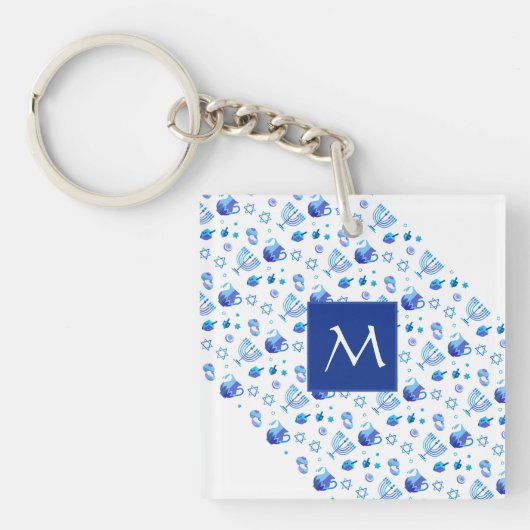 Happy Hanukkah-partij: een prachtig blauw monogram Sleutelhanger (voorkant)