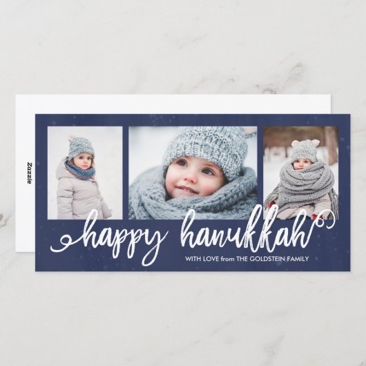 Happy Hanukkah Script 3-Foto Vakantie Feestdagenkaart (Voorkant / Achterkant)