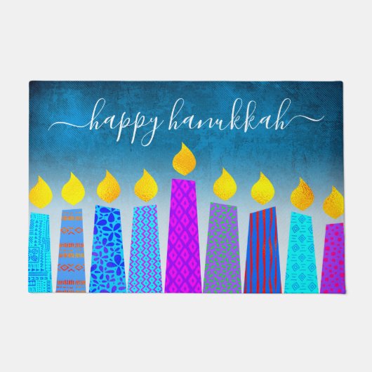 Happy Hanukkah Script Modern Boho Candle Turquoise Deurmat (Voorkant)