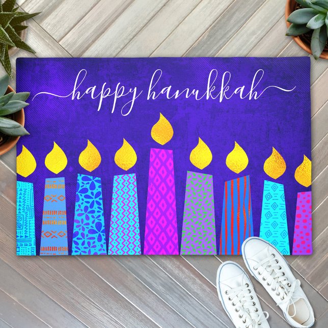 Happy Hanukkah Script Modern Boho Candles op Blue Deurmat (Creator heeft geüpload)