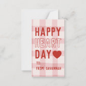 Happy Heart Day Pink Gingham Valentine's Classroom Notitiekaartje (Voorkant)