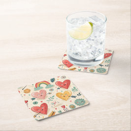 Happy Hearts - grillige Valentijnsdag Vierkante Kartonnen Onderzetter