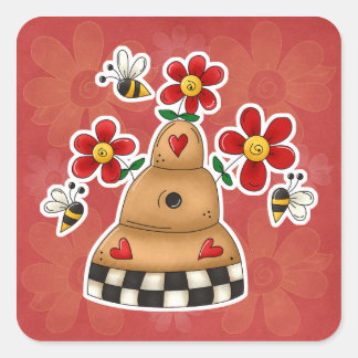 Happy Hearts N Flowers Bee Hive Vierkante Sticker