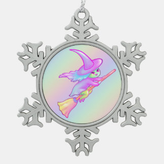 Happy hech vliegt op broomstoktekening tin sneeuwvlok ornament
