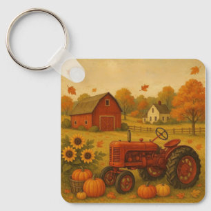 Happy herfst klassieke tractor en boerderij sleutelhanger
