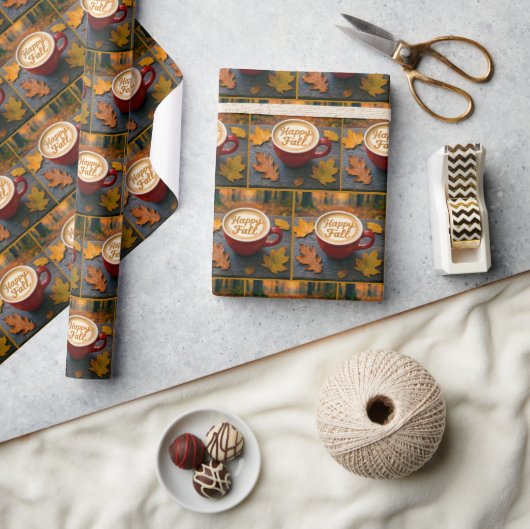 Happy Herfst latte in rode Mok met herfstbladeren Cadeaupapier (Crafts)
