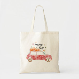 Happy Herfst met roze auto en pompoenen Tote Bag