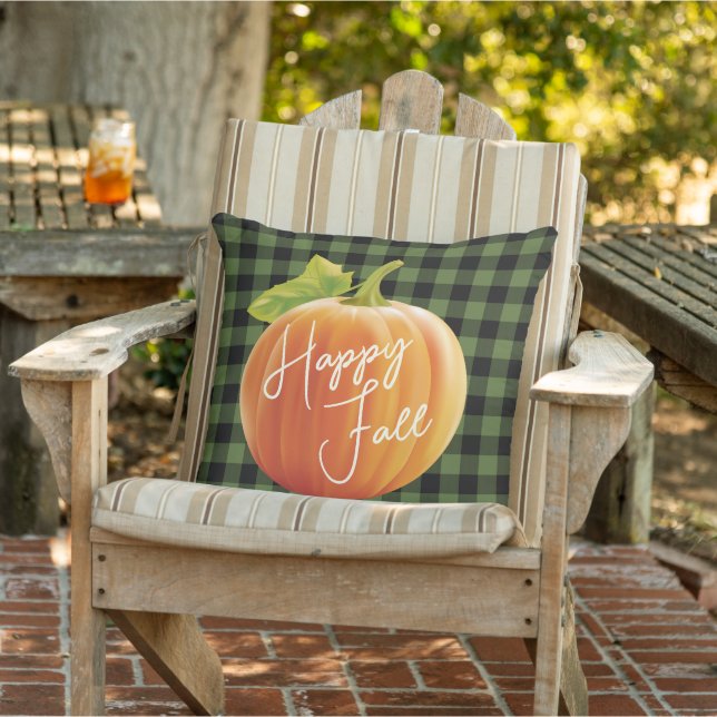 Happy Herfst pomkin op Green Black Check Pattern Buitenkussen (Stoel)