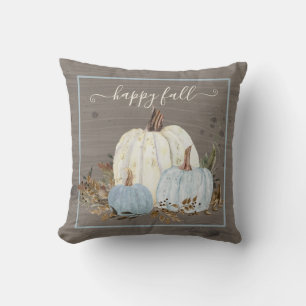Happy Herfst Script Blue White Pumpkin Rustic Leav Kussen