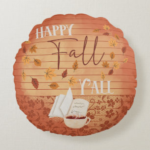 Happy Herfst Y'all met koffie en herfstbladeren Rond Kussen