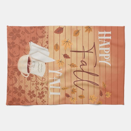 Happy Herfst Y'all met koffie en herfstbladeren Theedoek (Horizontaal)