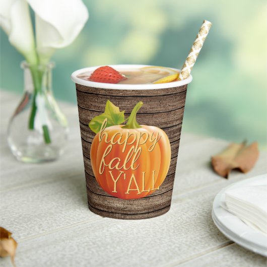 Happy Herfst Y'all Oranje pompoen op Planks Patter Papieren Bekers (Insitu)