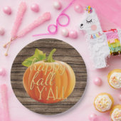 Happy Herfst Y'all Oranje pompoen op Planks Patter Papieren Bordje (Feest)