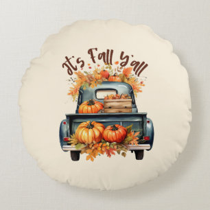 Happy Herfst Y'all – Rustieke truck met pompoenen Rond Kussen