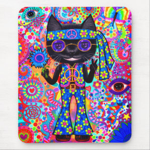 Happy Hippie Cat Sunglazen Vredesgeblazen Bloem Muismat