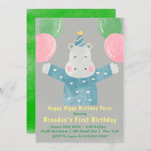 Happy Hippo First Birthday Invitations