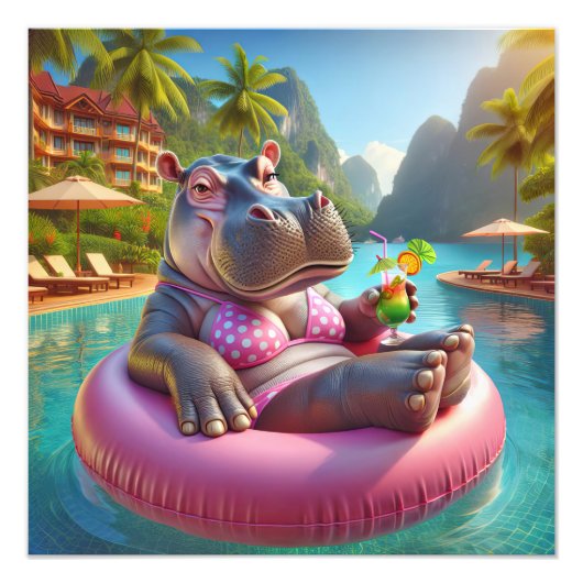 Happy Hippo met cocktail Drink Foto Afdruk (Voorkant)