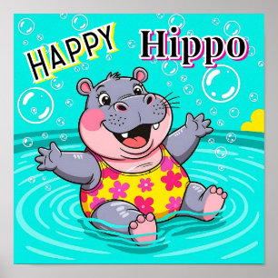 Happy Hippo Schattigee Cartoon Kind Nursery Art Poster