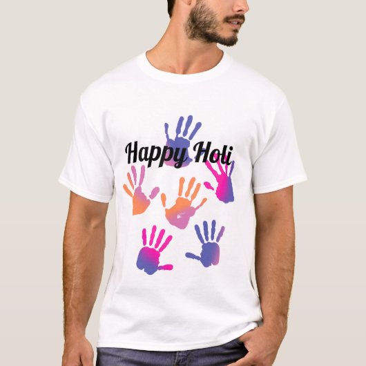 Happy Holi Colorful Handprint T-Shirt (Devant)