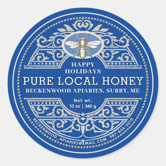 Happy Holiday APIARY Ornate Miel étiquette Sapphir (Devant)