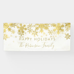 Happy Holiday Familienaam Gold Winter Snowflakes Spandoek