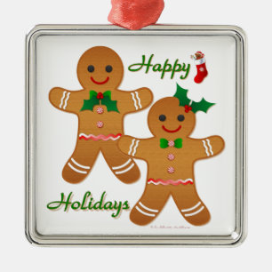 Happy Holiday Gingerbrood Man Boy Girl Metalen Ornament