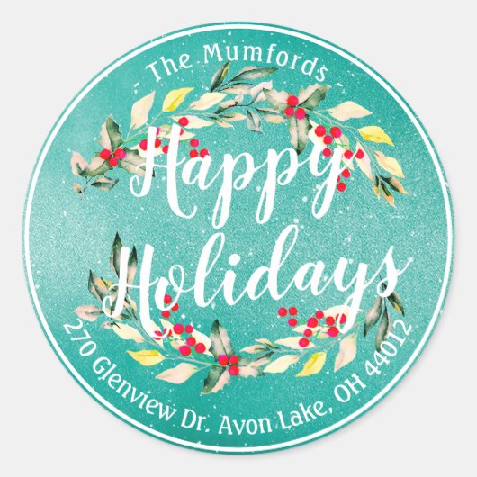Happy Holiday Merry Kerstmis Holly Floral Adres Ronde Sticker (Voorkant)