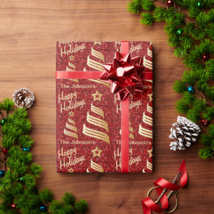 Happy Holiday Red Confetti en Gold Kerstmis Cadeaupapier