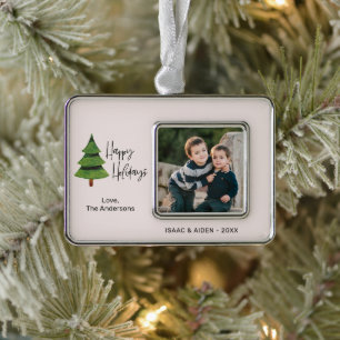 Happy Holiday Waterverf Kerstboom Foto Verzilverd Kader Ornament