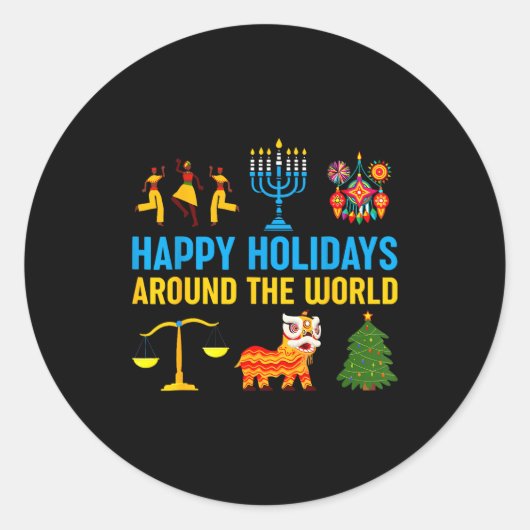 Happy Holidays Around The World Multicultural Matc Ronde Sticker (Voorkant)