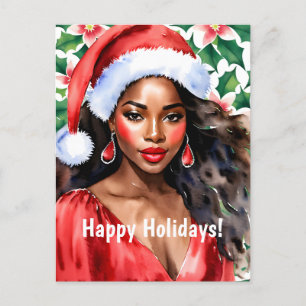 Happy Holidays Black Woman Santa Hat Feestdagenkaart