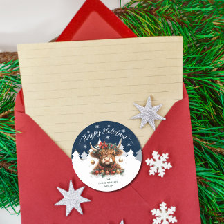 Happy Holidays Business Festive Highland Cow Ronde Sticker