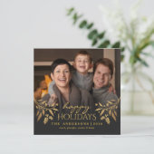 Happy Holidays Gold Holly Photo Carte Plat (Debout devant)