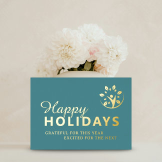 Happy holidays logo business turquoise gold foil folie feestdagenkaart