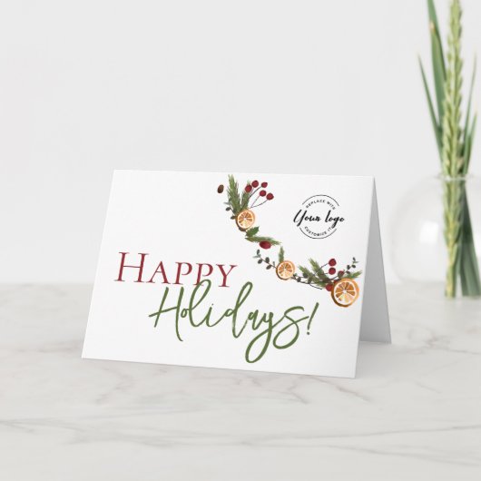 Happy Holidays Oranges wreath leaves Custom Logo Kaart (Voorkant)