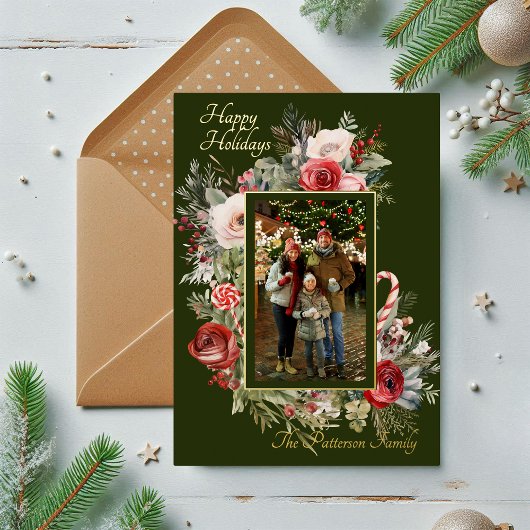 Happy Holidays Photo Floral Foil Carte de vacances