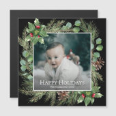 Happy Holidays Photo Wreath Greenery Magnetic Card (Voorkant / Achterkant)