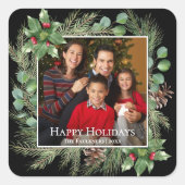 Happy Holidays Photo Wreath Greenery Vierkante Sticker (Voorkant)