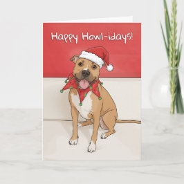 Happy Holidays Pit Bull Dog Drawing in Santa Hat  Feestdagen Kaart