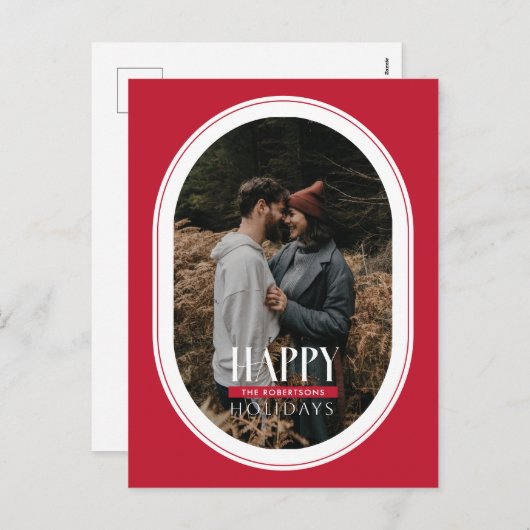 Happy Holidays Red Oval Frame Photo Carte postale (Devant / Derrière)