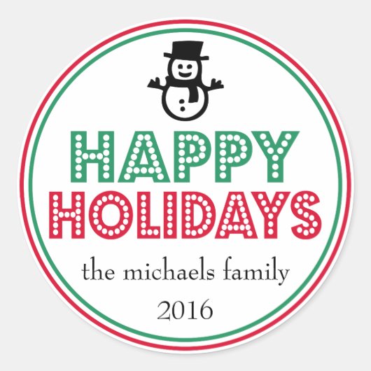 Happy Holidays Snowman Favor Sticker (Rouge / Vert (Devant)